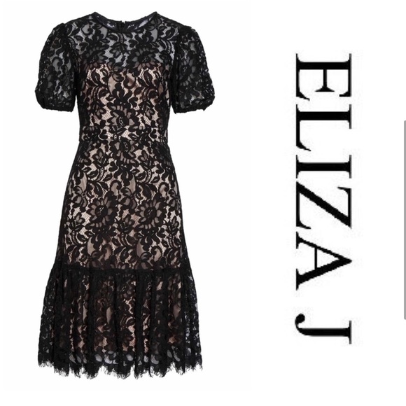 New With Tags - Eliza J Black Lace A-Line Dress with Puff Sleeves - Picture 4 of 11